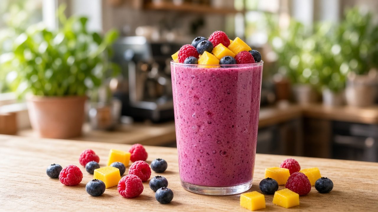 Smoothie de frutos rojos y mango preparado con fruta congelada en una cafetería de Guadalajara