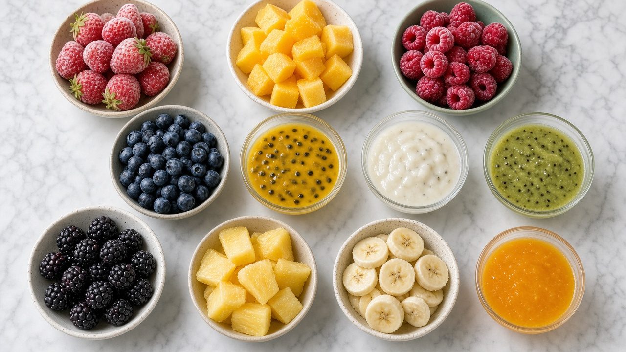 Fruta congelada y pulpas naturales sin azúcar añadida en bowls para smoothies y repostería