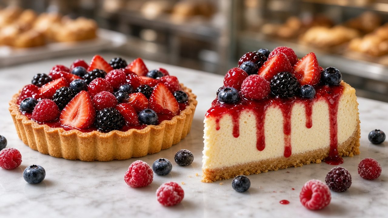 Frutos rojos congelados para repostería: frambuesa, zarzamora, arándano y fresa sobre una tarta en una pastelería de Guadalajara