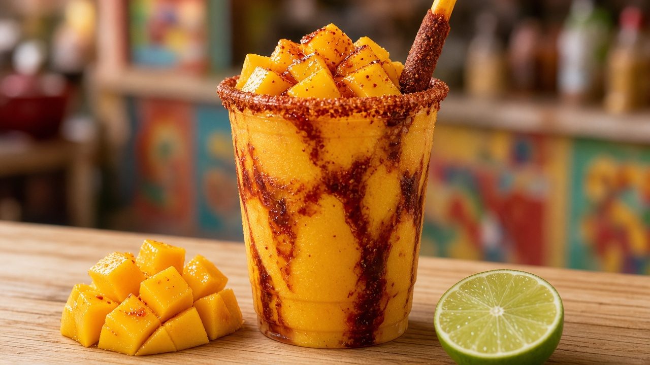 Mangonada de mango congelado con chamoy, chile en polvo y banderilla de tamarindo en un vaso transparente