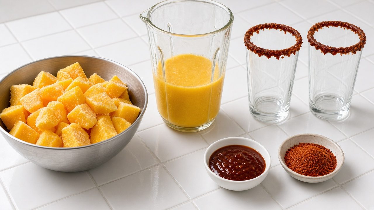 Trozos de mango congelado en un recipiente de acero junto a una licuadora y vasos escarchados con chile