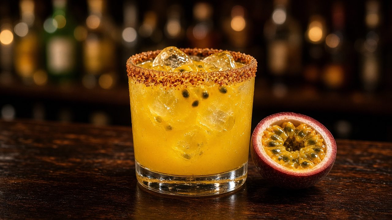 Coctel de maracuyá en copa con hielo y medio maracuyá fresco sobre una barra de madera