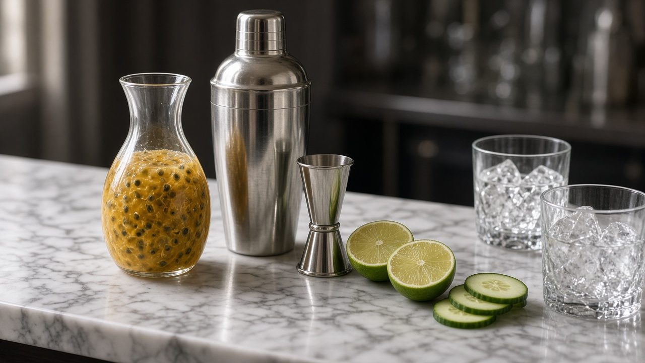 Jarra de vidrio con pulpa de maracuyá junto a una coctelera de acero, limones partidos y vasos con hielo en una barra