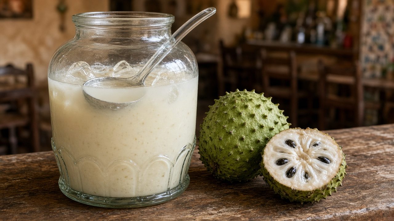 Vitrolero de agua fresca de guanábana con hielo junto a una guanábana partida en una barra de taquería