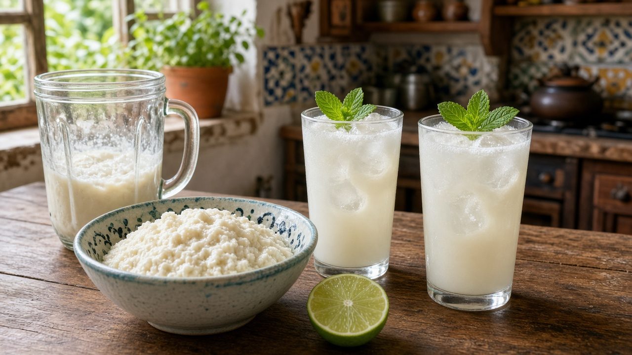 Pulpa de guanábana descongelada en un tazón junto a una licuadora y vasos de agua fresca con hielo
