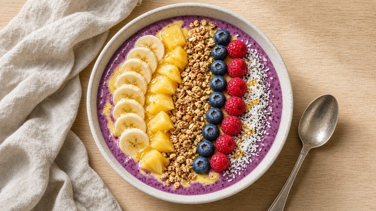 Smoothie bowl espeso con rodajas de plátano, trozos de piña, granola y frutos rojos en un tazón de cerámica