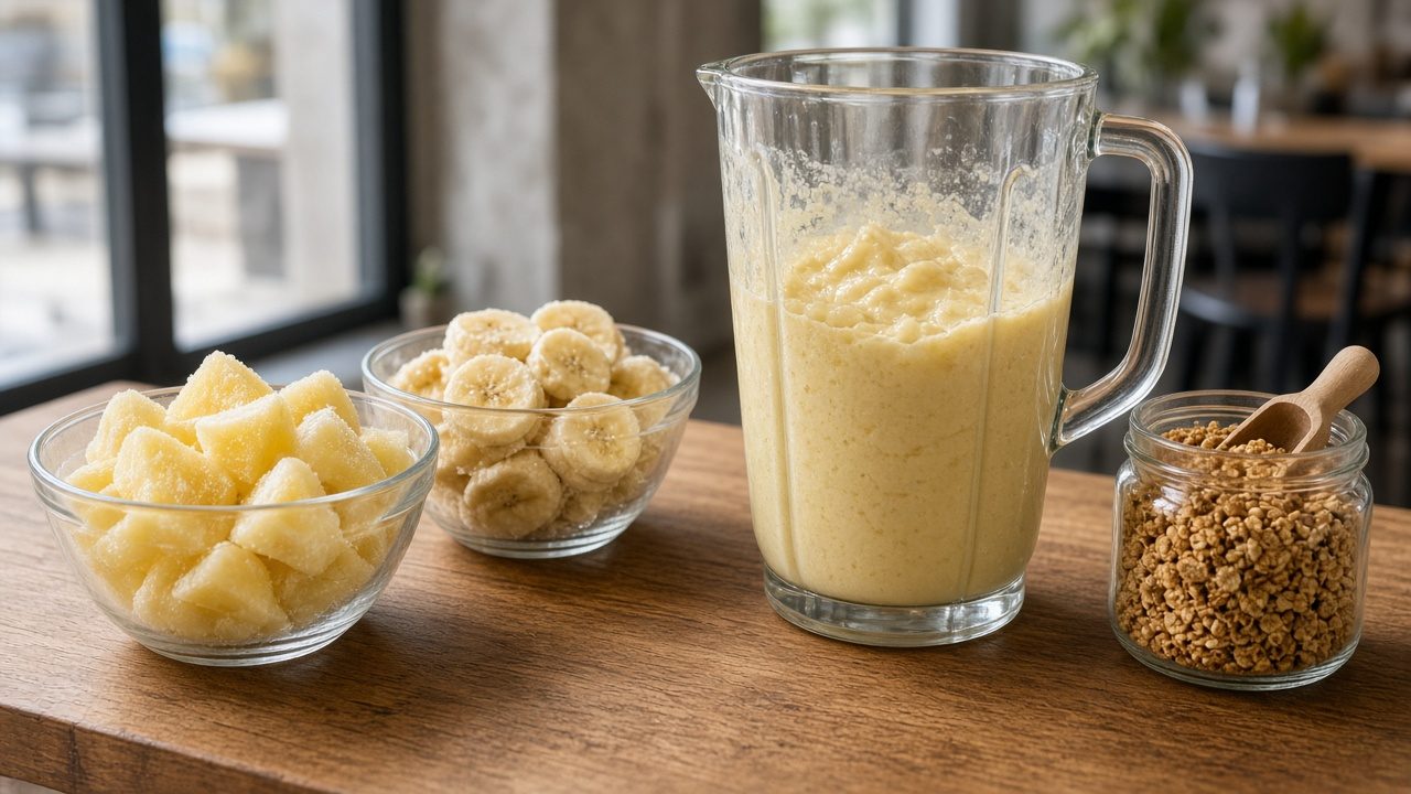 Piña y plátano congelados en trozos dentro de tazones de vidrio junto a una licuadora sobre una barra de madera