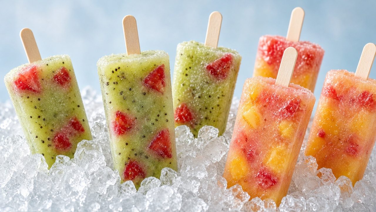 Paletas de agua de kiwi-fresa y mango-fresa con trozos de fruta visibles sobre hielo picado