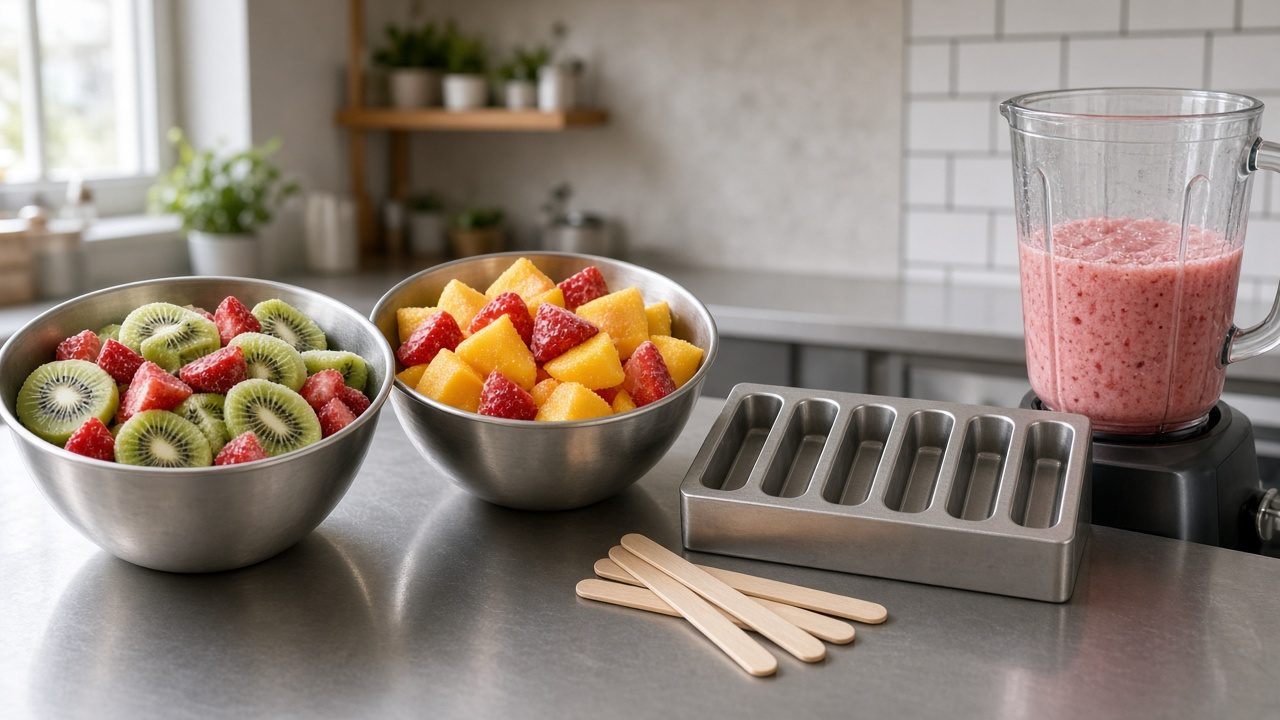 Mezclas congeladas de kiwi con fresa y mango con fresa en tazones de acero junto a moldes de paletas