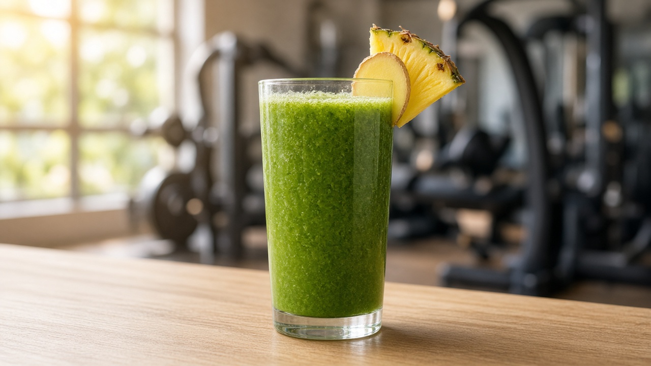 Licuado verde recién servido en vaso alto sobre la barra de un juice bar de gimnasio