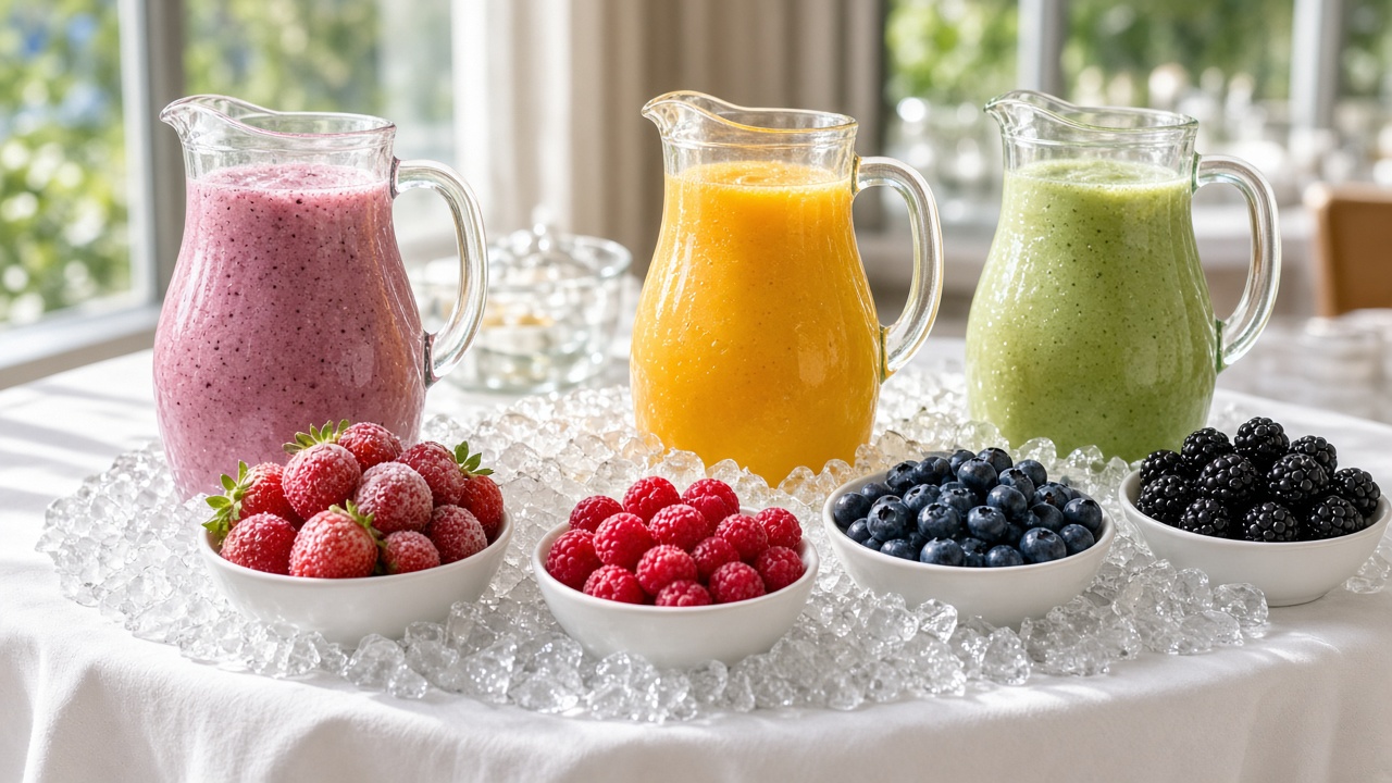 Barra de smoothies en el buffet de desayuno de un hotel con jarras de colores y frutos rojos