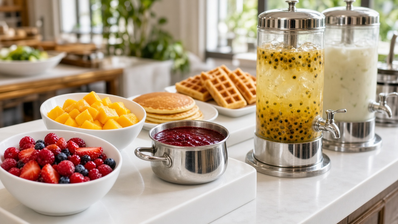 Recipientes con frutos rojos y mango descongelados junto a jarras de agua fresca en la línea de buffet de un hotel