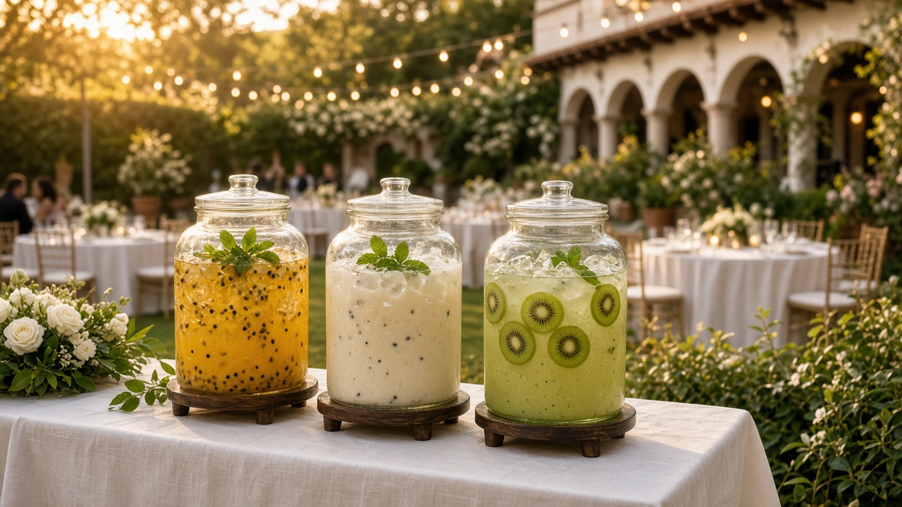 Mesa de bebidas en una boda al aire libre con vitroleros de aguas frescas de colores y fruta