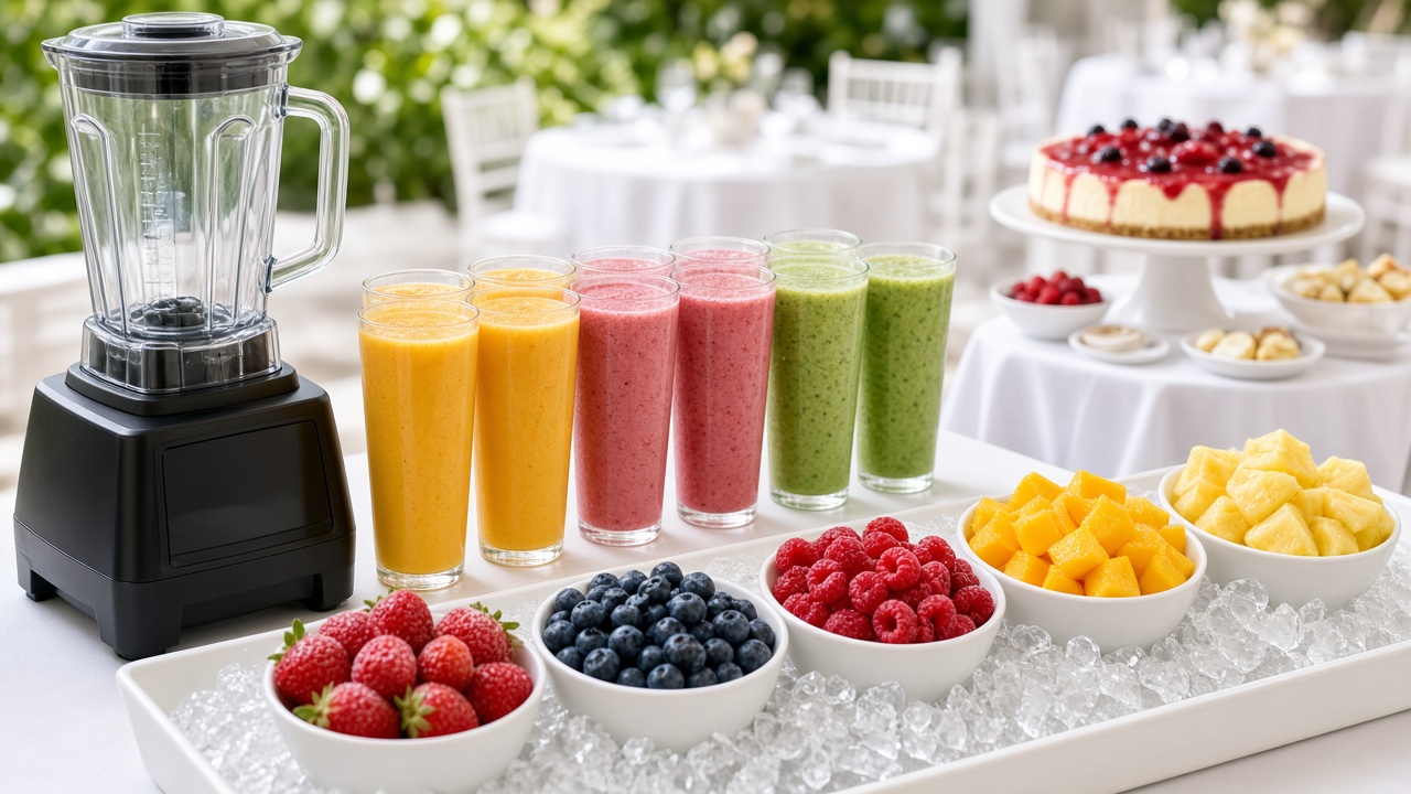 Barra de licuados en un evento con licuadora, vasos de smoothie de mango, frutos rojos y verde, y bowls de fruta congelada