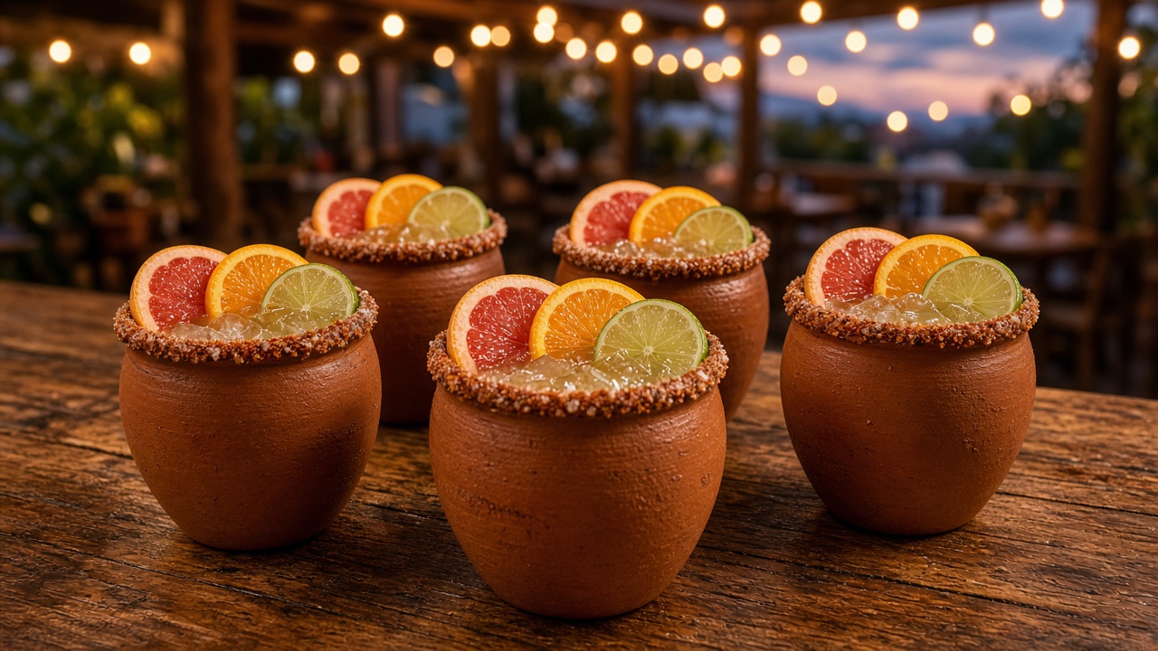 Jarritos de barro con cantaritos, rodajas de cítricos y sal en el borde sobre una barra de madera