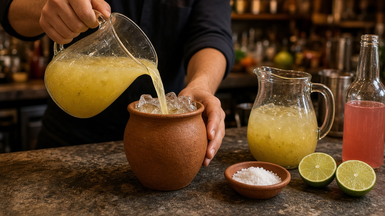 Barman sirviendo un cantarito con hielo en un jarrito de barro junto a una jarra de bebida cítrica